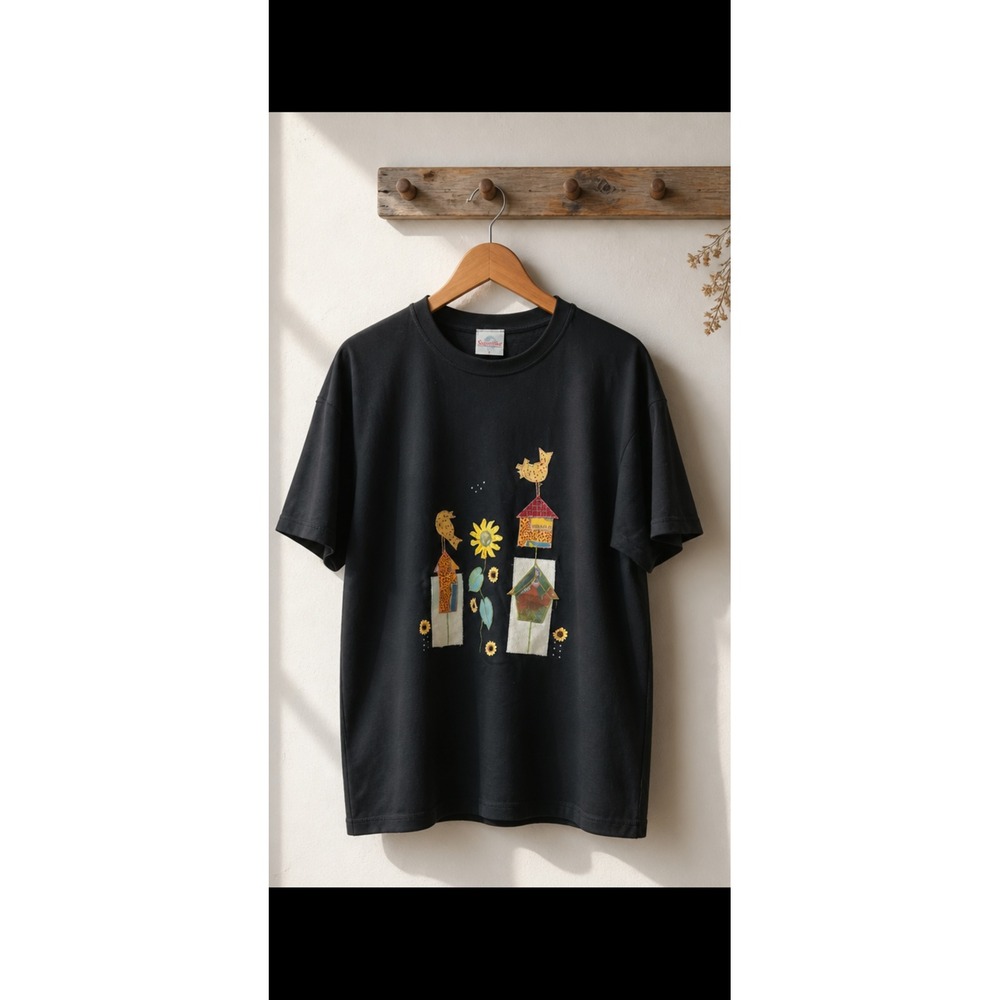 Superline Womens Vintage Black Birdhouse Sunflower Applique T-Shirt One Size USA
